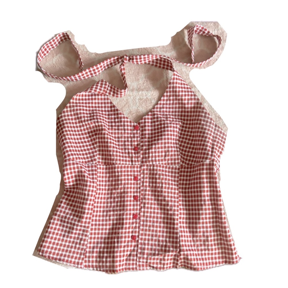 Gingham Pattern Halter Top Cute Cottage Style Tha… - image 1